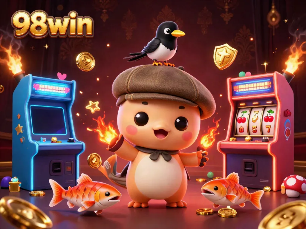 Experience thrilling slots action at 98win with vibrant game characters and golden elements.