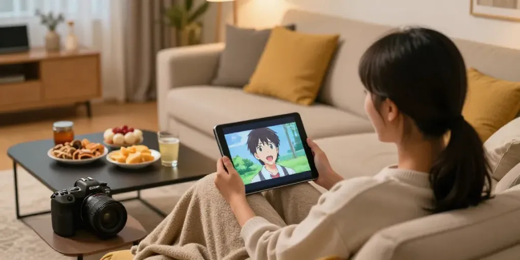 La personne utilisant l'application Senpai Stream dans un salon accueillant, regardant des anime sur une tablette.