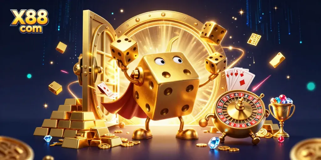 Engage in thrilling gambling fun with X88 com where a golden dice golem and treasures abound.
