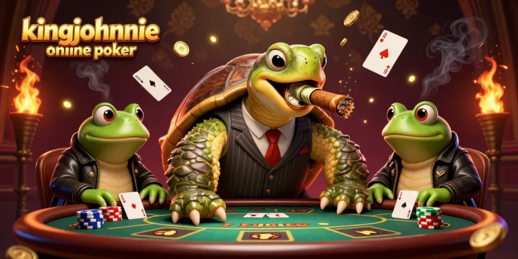Engage in kingjohnnie online poker with this dynamic illustration featuring a mobster turtle surrounded by poker elements.