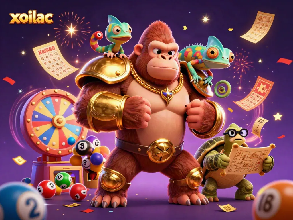 Xoilac brings excitement as a gorilla king, chameleon spy, and wise tortoise gather for casino fun.