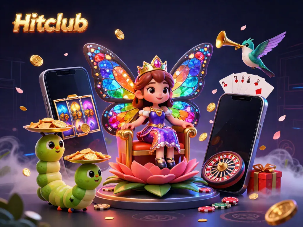 Experience the thrill of Hitclub with vibrant casino elements and a stunning butterfly queen illustration.