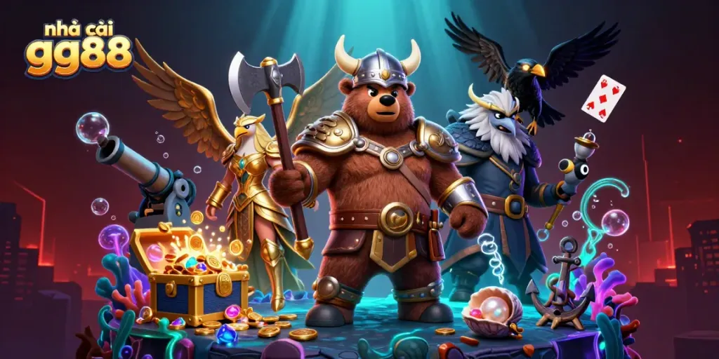 Experience the thrilling world of gambling with nhà cái gg88 featuring a dynamic scene of a Viking bear and Valkyrie eagle.