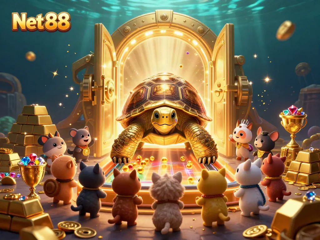 Engage with Net 88 through vibrant casino adventures featuring a golden tortoise and treasure.