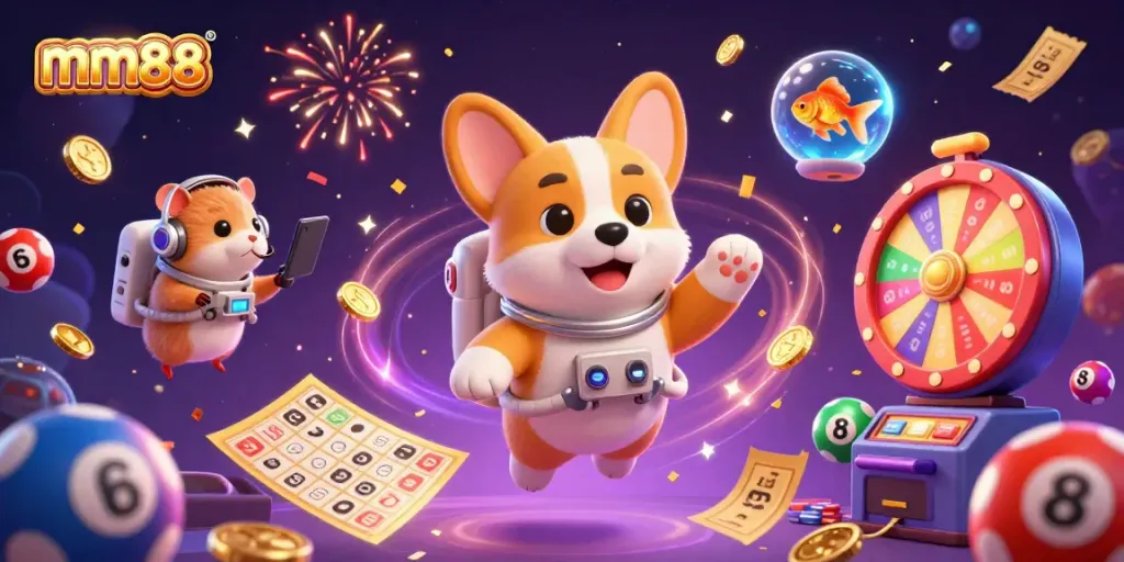 Experience the exciting mm88 casino environment with a cartoon astronaut corgi, floating poker chips, and vibrant game elements.