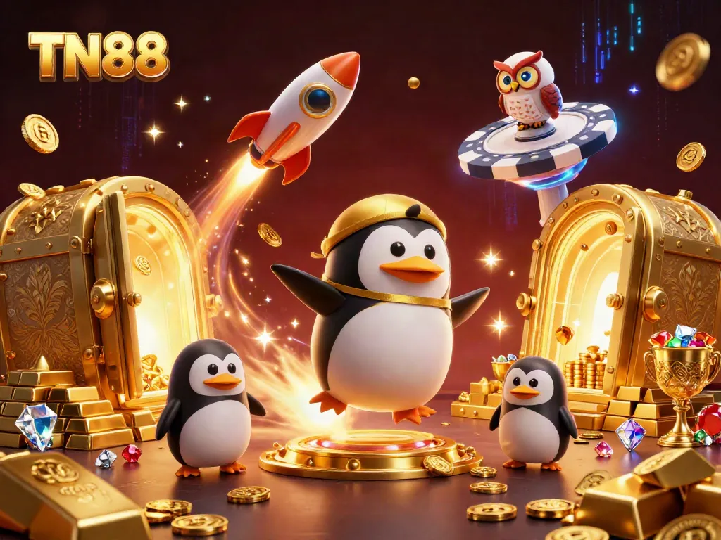 TN88's thrilling casino adventure illustrated with vibrant golden elements and unique characters.