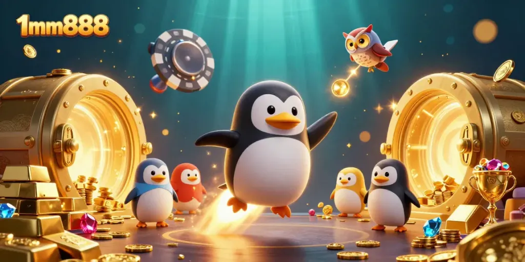 Experience the thrill of 1mm888 with an exciting scene of a golden penguin soaring toward a casino!