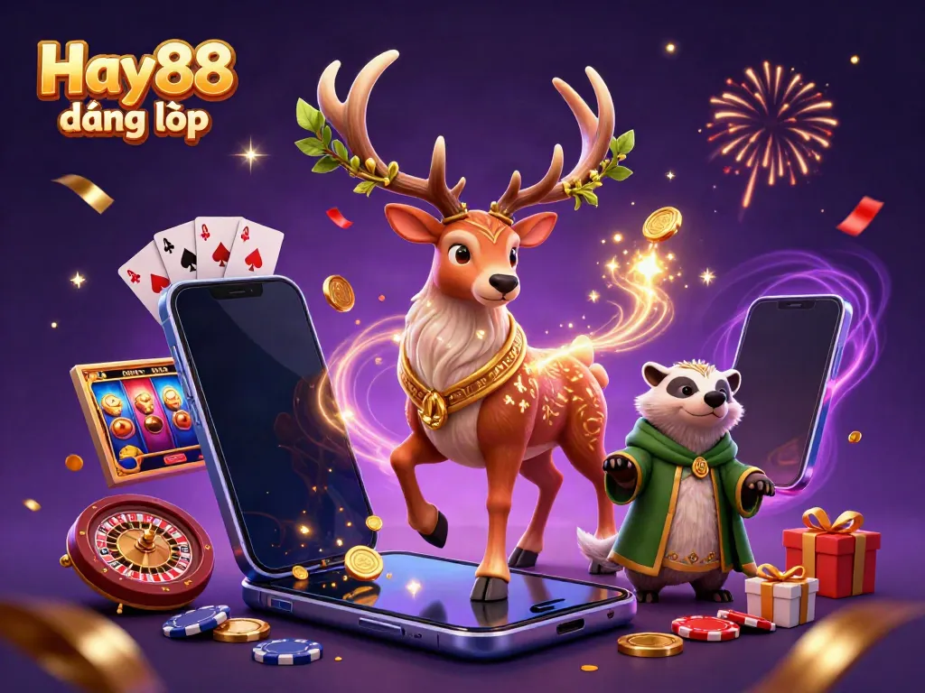 Experience Hay88 đăng nhập with a mystical scene of a druid and badger amidst casino elements.