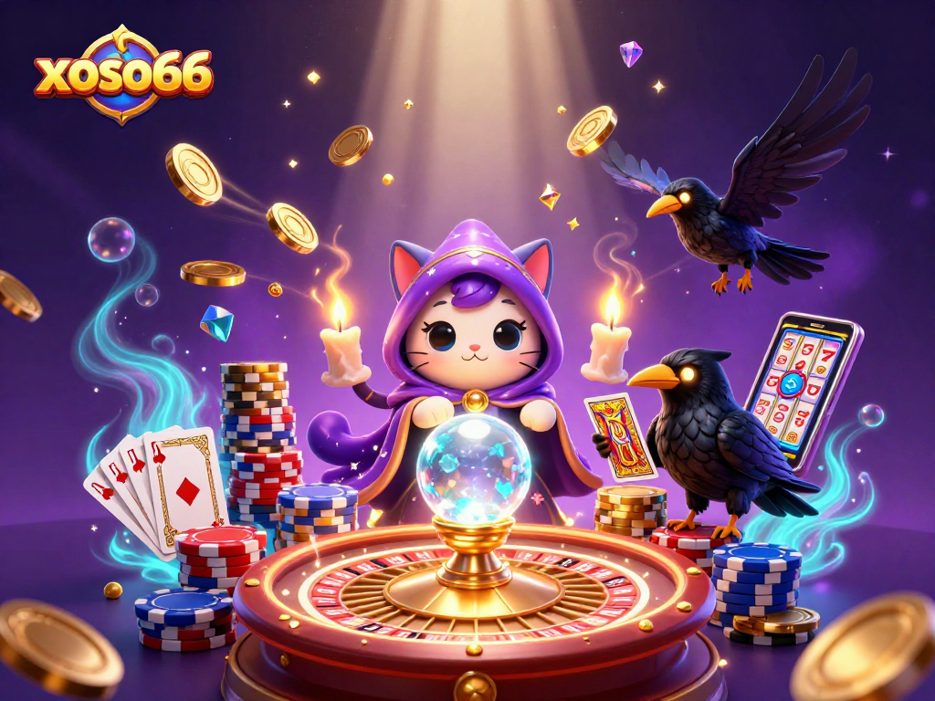 Experience thrilling gaming at xoso66 with a mystical illustration of cats and coins!