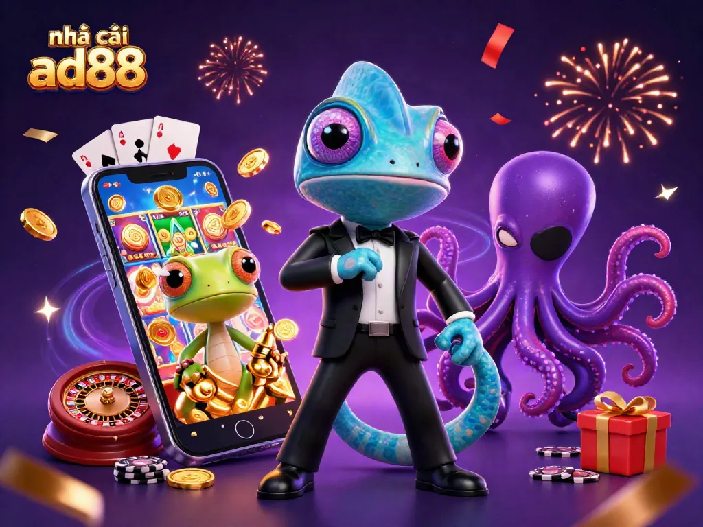 Experience the excitement of nhà cái ad88 as a colorful animated scene showcases a casino environment with action-packed elements.