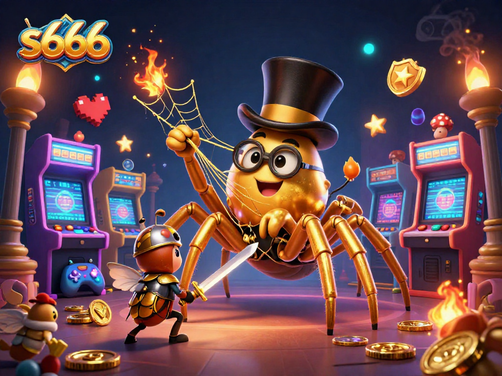 Experience the thrill of winning at s666 with a giant golden tarantula, a beetle knight, and whimsical gaming elements.