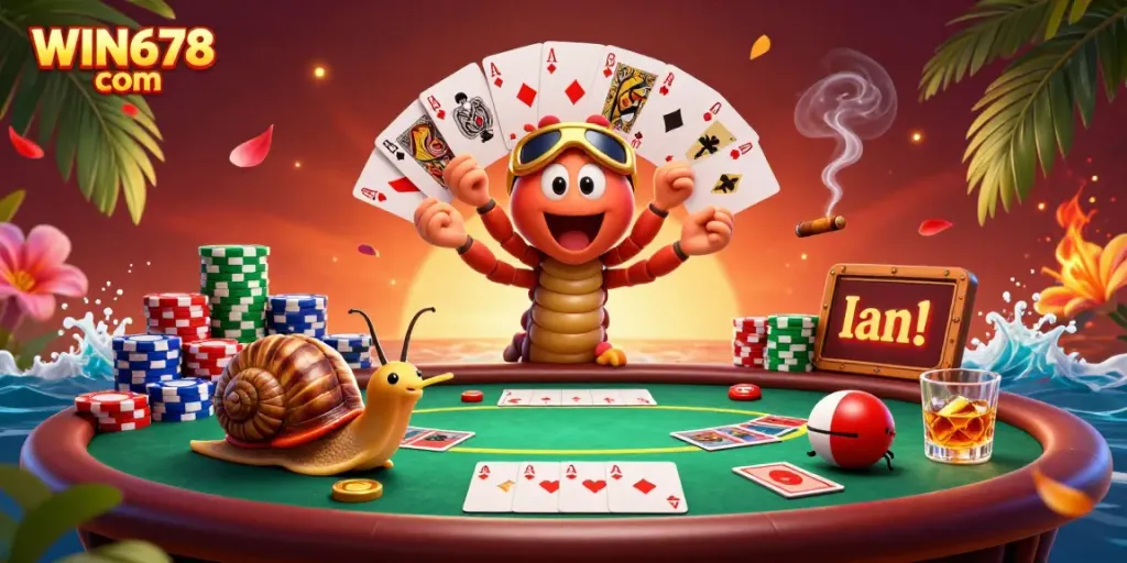 Experience the excitement at WIN678 com with a lively cartoon casino scene featuring a millipede dealer and high-roller snail.
