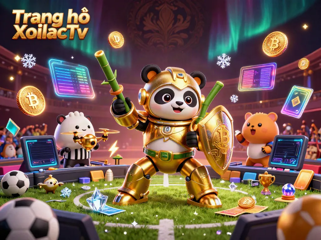 Experience the thrill of sports betting at Trang chủ XoilacTv with a vibrant 3D arena featuring an enthusiastic golden panda pilot.