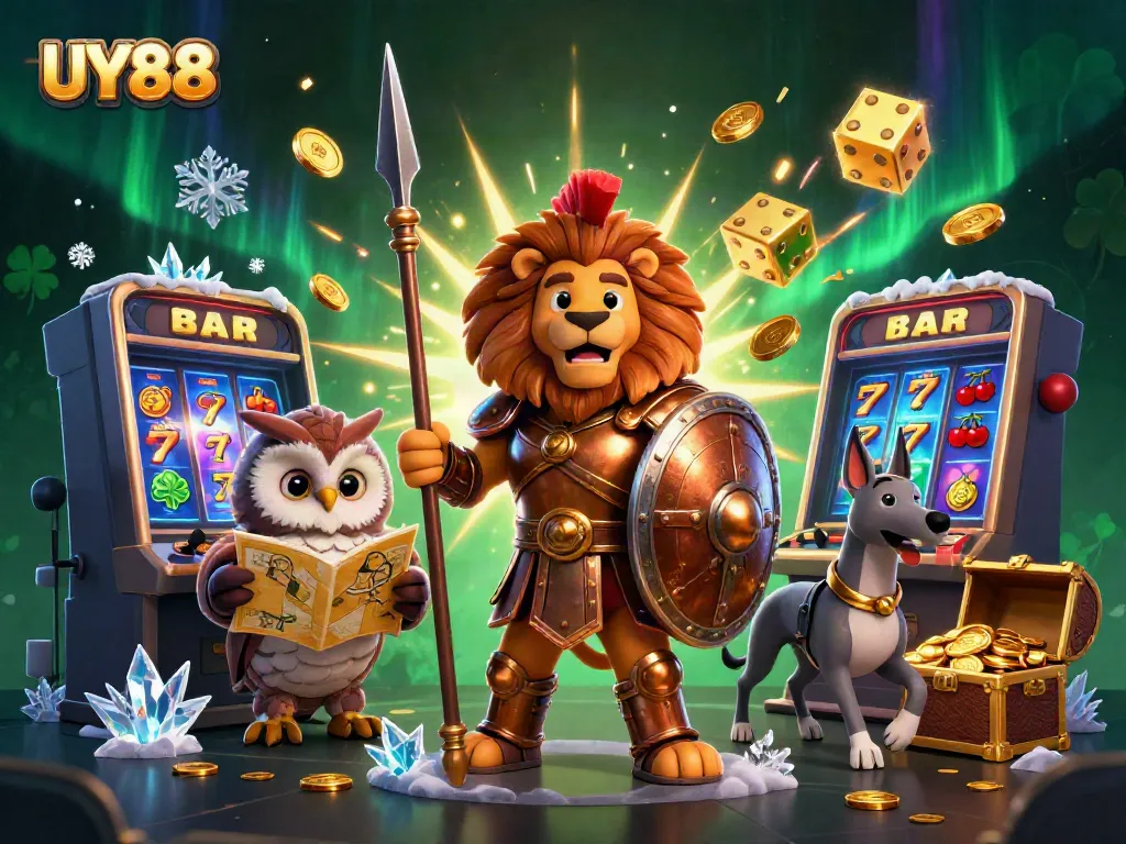Spin and win at UY88 with a lively 3D casino illustration featuring dynamic characters and vibrant gaming elements.