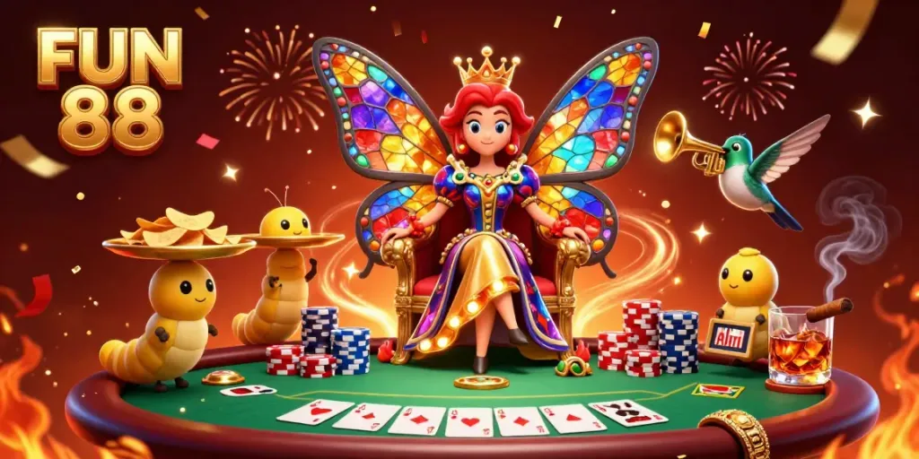 Engage with FUN 88's vibrant casino scene featuring a butterfly queen amidst a lavish poker setup.