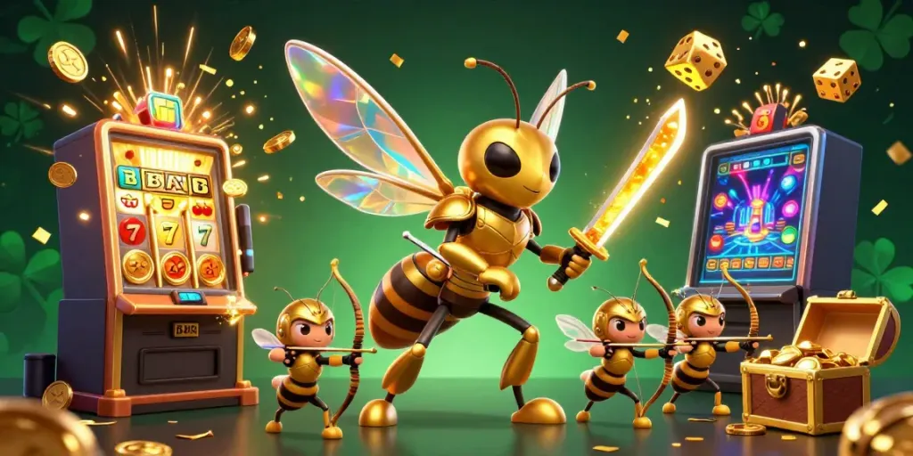 Socolive showcases a thrilling 3D illustration of a golden hornet in samurai armor amidst a jackpot explosion of casino elements.