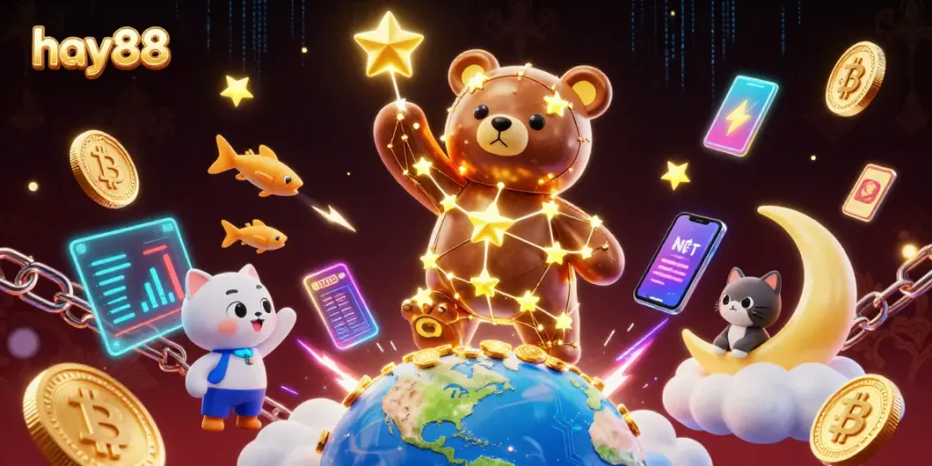 Experience the excitement of hay88 with a vibrant 3D casino scene filled with stars and coins.