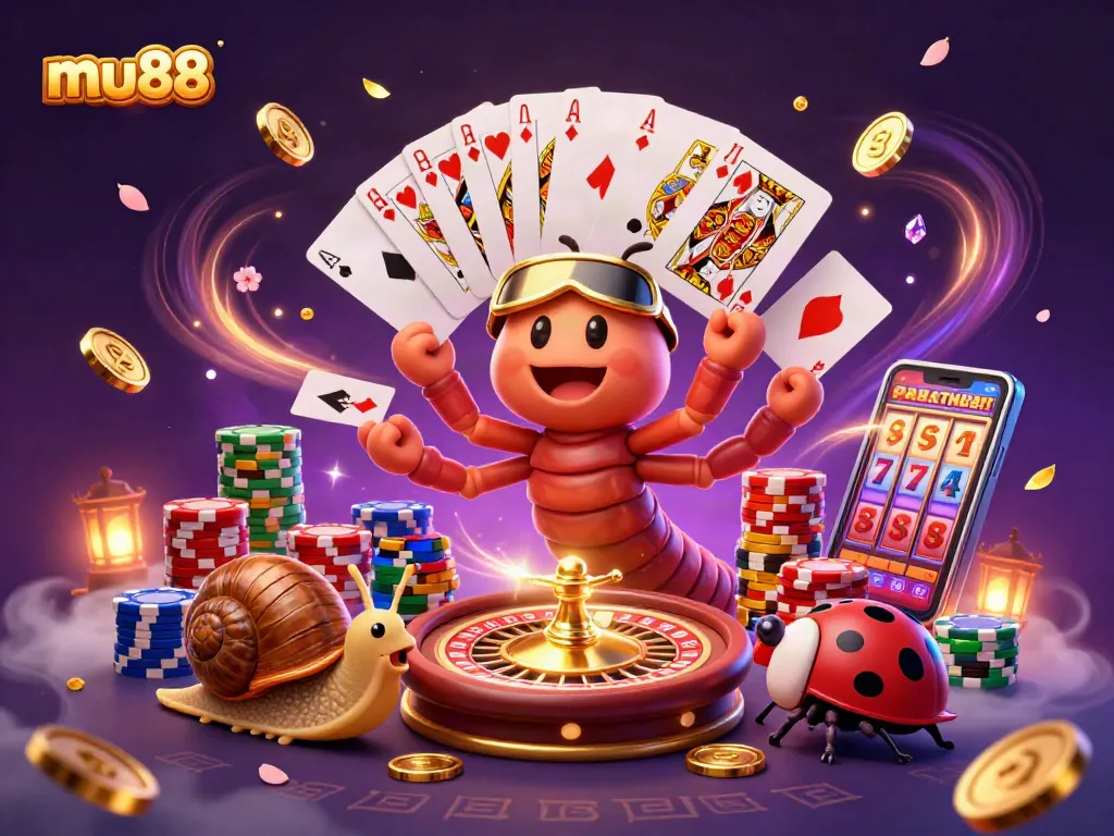Mu88 players engage with vibrant casino elements, featuring a whimsical millipede dealer and exciting games.