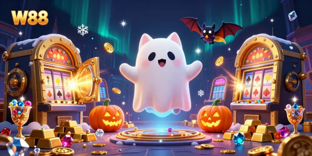 Engage in thrilling adventures with W88, a vibrant casino scene featuring ghost cat and vampire bat companions.