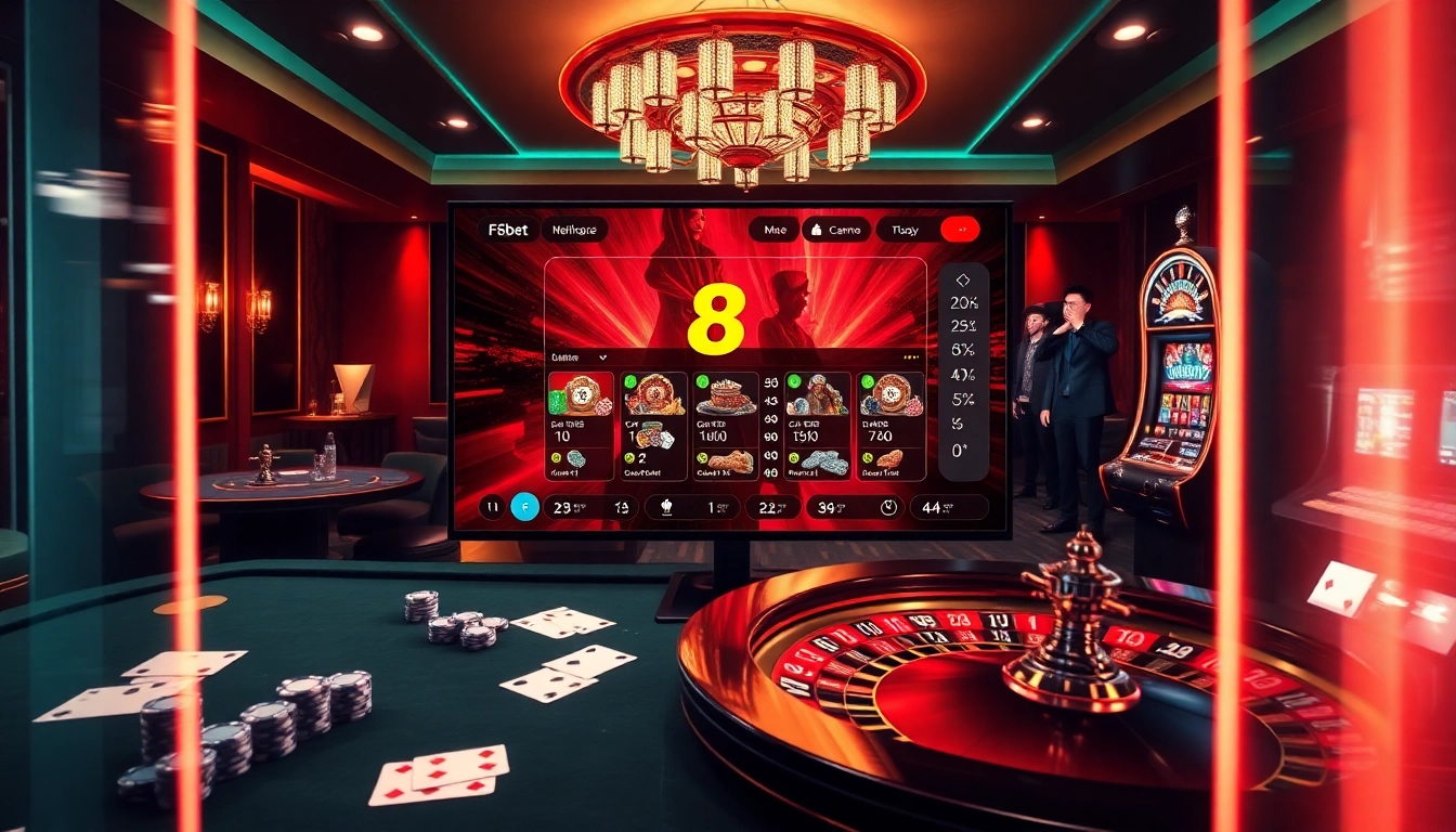 F8bet players navigating an exciting online casino experience with vibrant gaming elements.