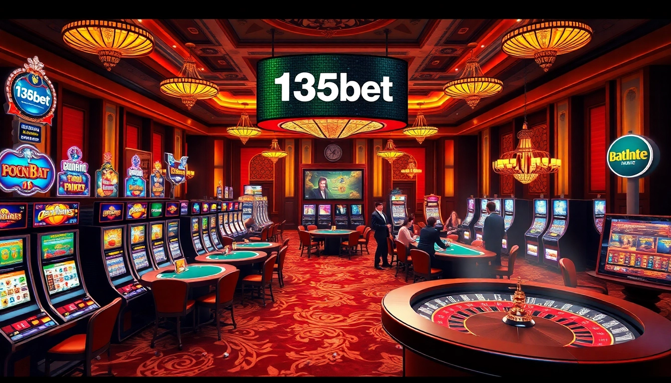 Experience the thrill of 136bet with vibrant casino games and excited players at a high-end gambling table.