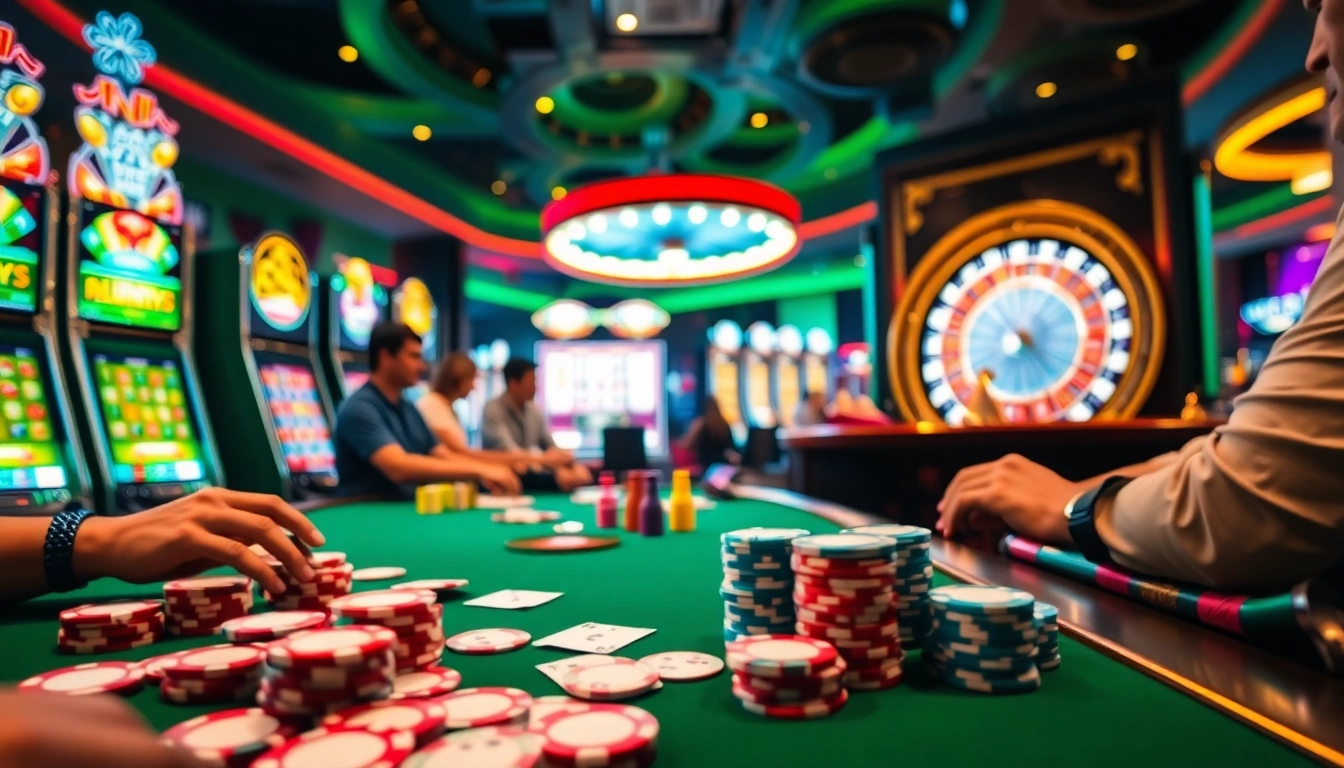 Engaged players at OK365 enjoying an exciting poker game with vibrant casino elements.