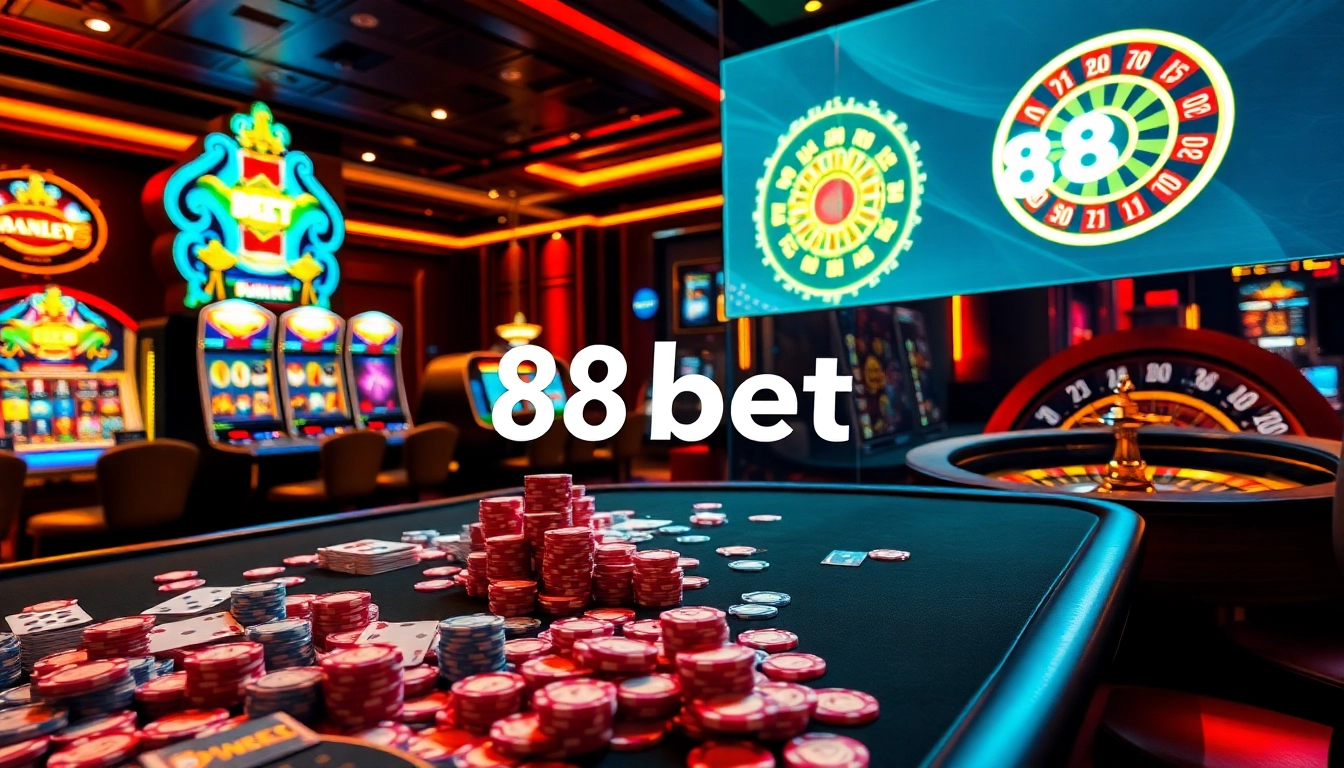 Experience the thrill of winning at 88bet in a luxurious casino setting with vibrant gaming elements.