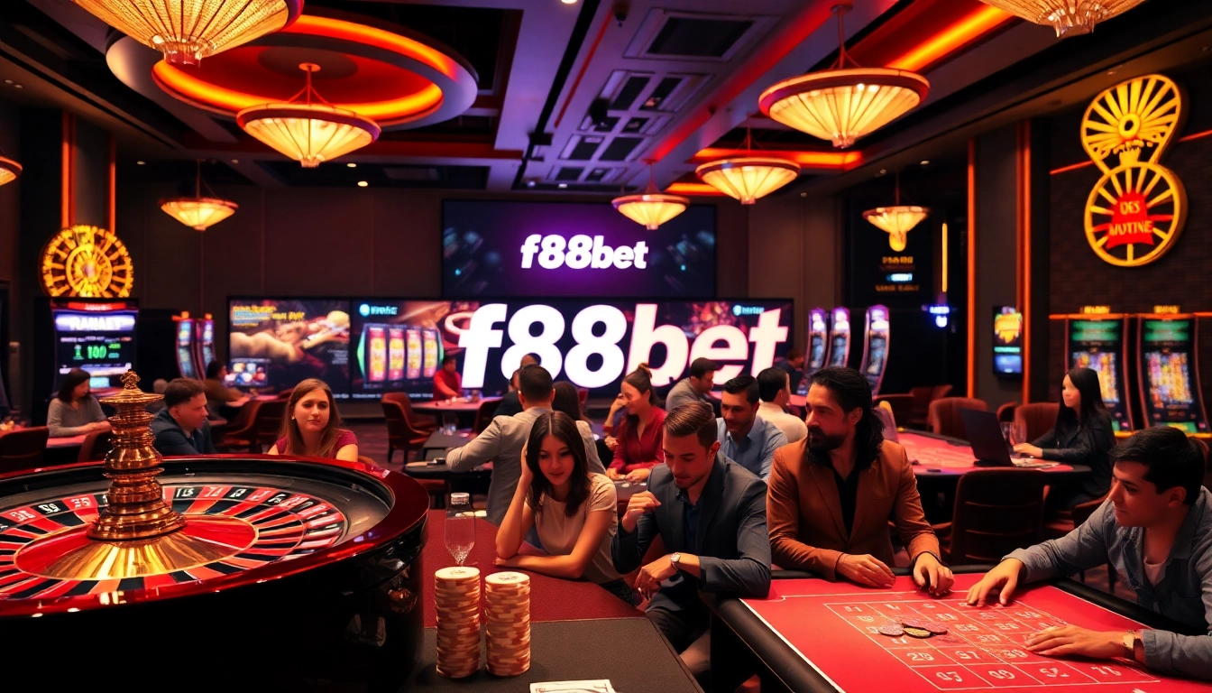 Experience the thrill of f88bet with vibrant casino games, poker chips, and roulette.