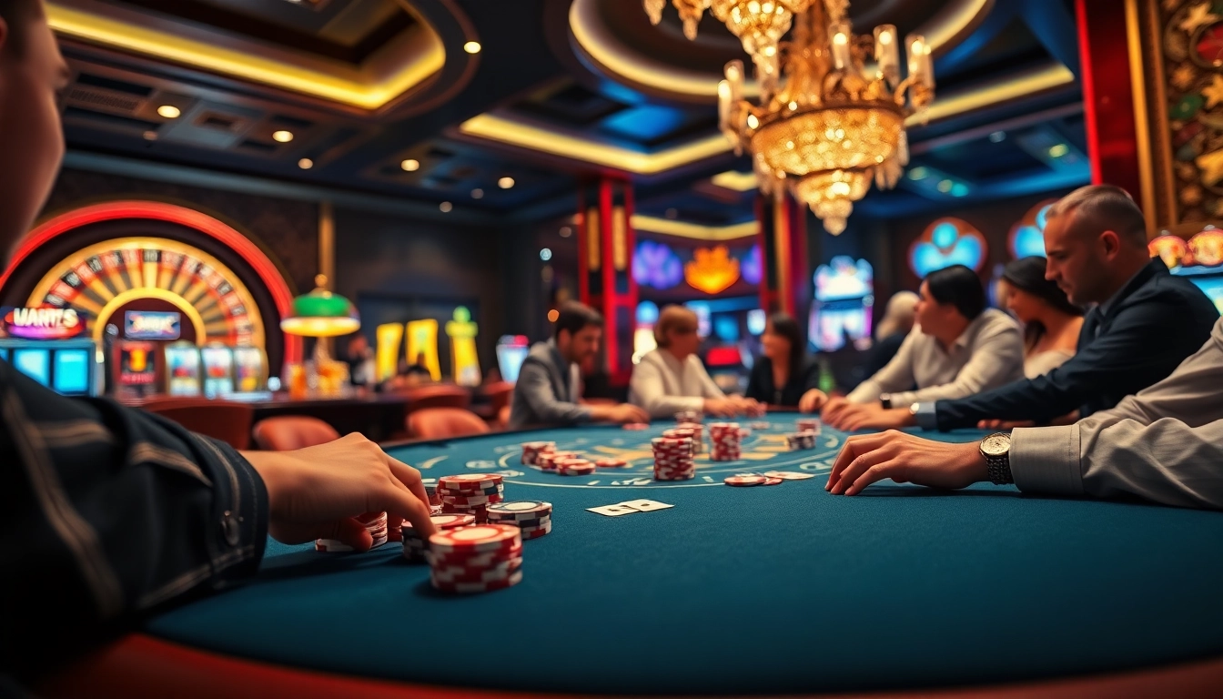 Players engaging in an intense poker game at https://ga888.at with vibrant casino ambiance.