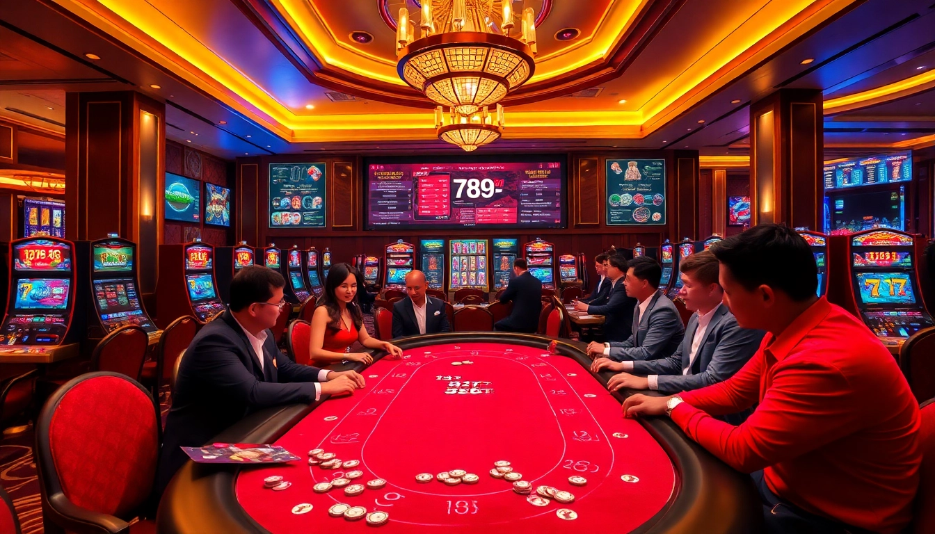 Players winning at 789BET online casino with vibrant slot machines and poker tables.