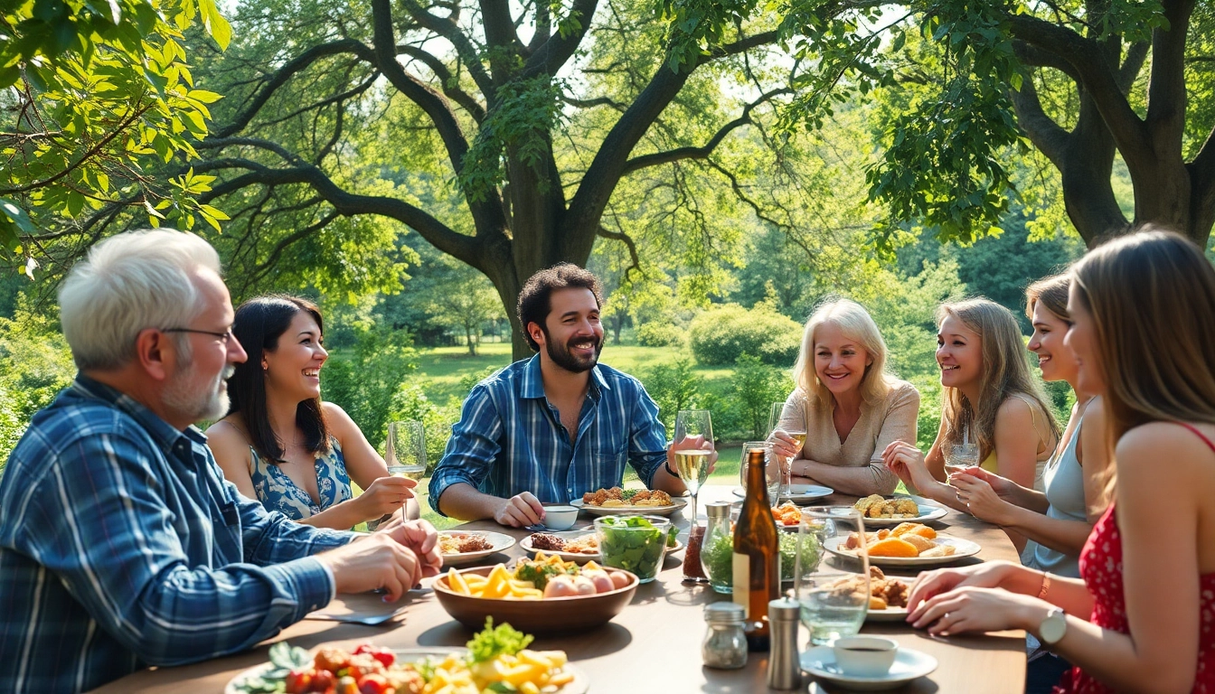 Un repas convivial symbolisant le style de vie coloré et chaleureux en pleine nature.