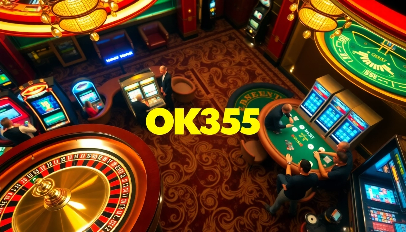 Players enjoy thrilling casino games at OK365, featuring roulette and poker tables under vibrant lights.