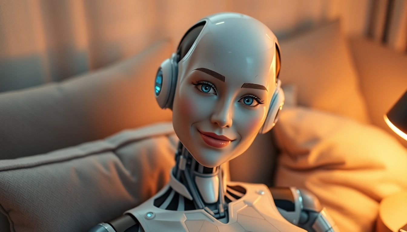 Realistic AI sex bot in a cozy setting, showcasing lifelike features and digital companionship.