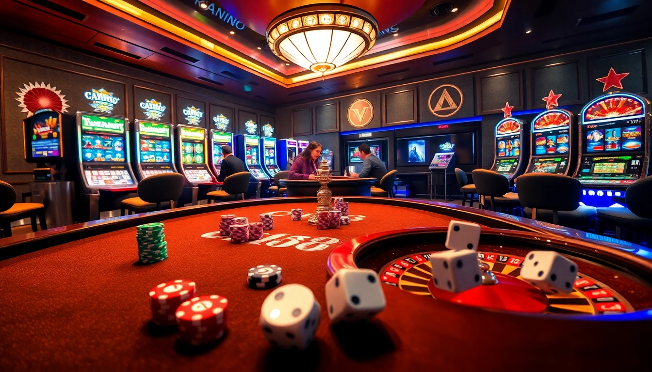 C168 casino scene with players at a poker table, colorful chips, and vibrant slot machines