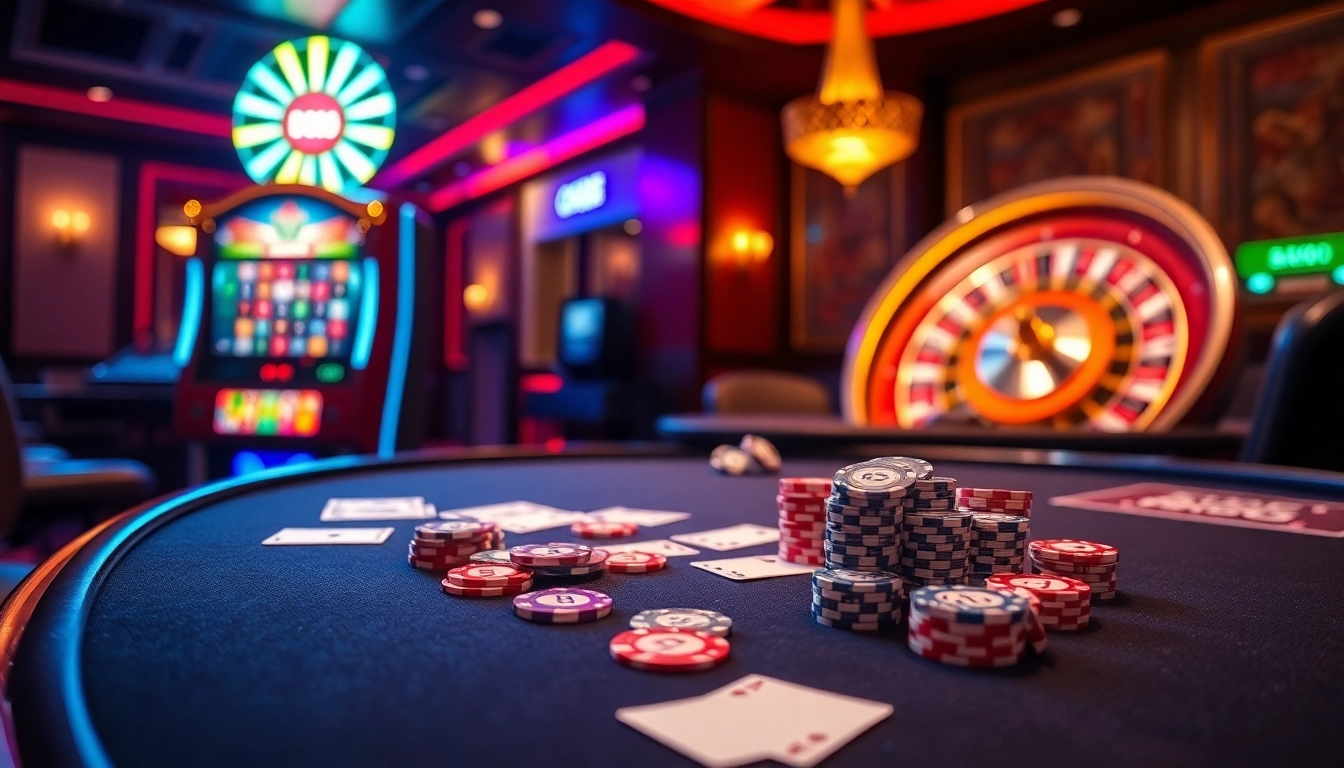 Experience thrilling gaming action at Do666 casino with vibrant poker tables and roulette wheels.