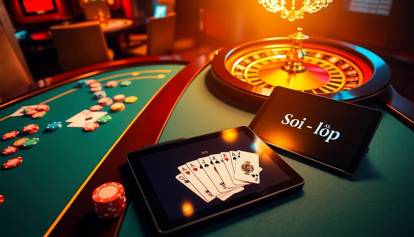 Soi cầu lô kép miễn phí showcasing a luxurious poker table, vibrant casino chips, and an online tablet.