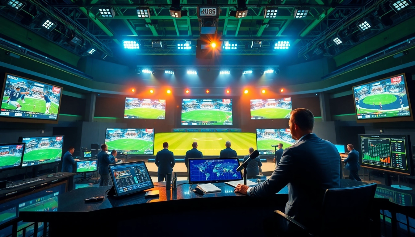 Engaging setup featuring sports broadcasting with an anchor and dynamic studio environment.