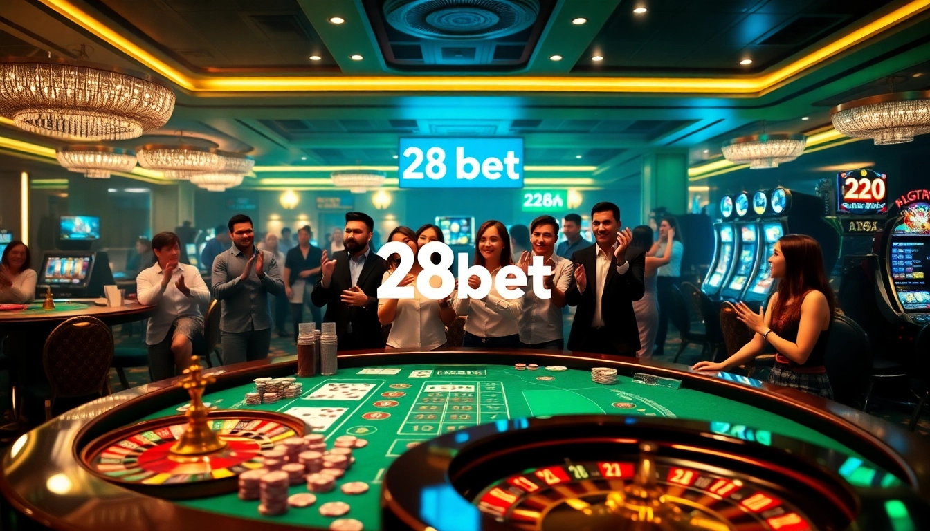 Exciting players enjoying a luxurious casino atmosphere at 28bet, featuring blackjack and roulette tables.
