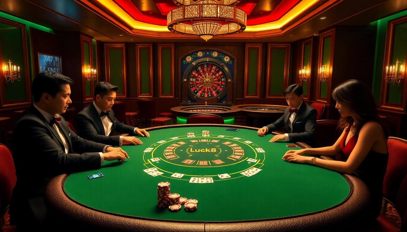 Exciting poker scene at Luck8 with players and vibrant casino elements.