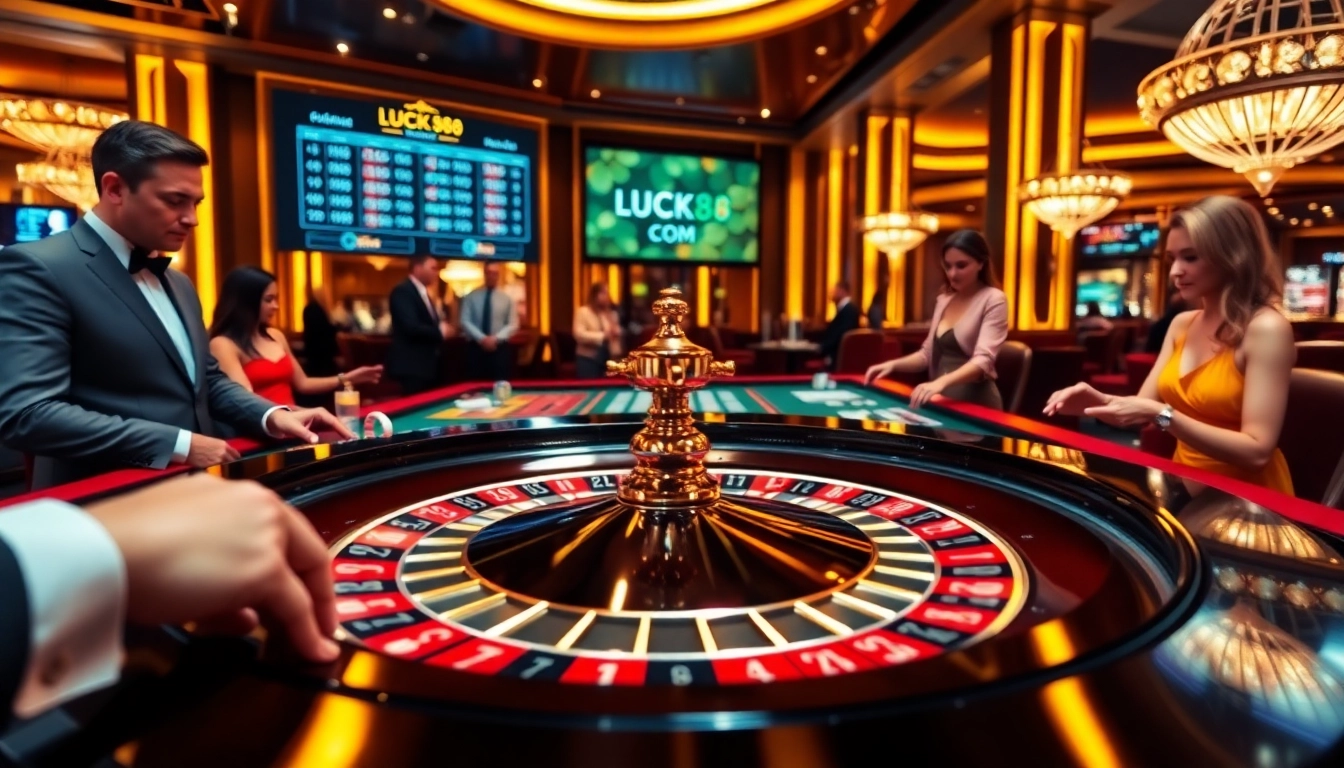 Players enjoying a thrilling roulette game at LUCK8 COM casino, showcasing excitement and luxury.