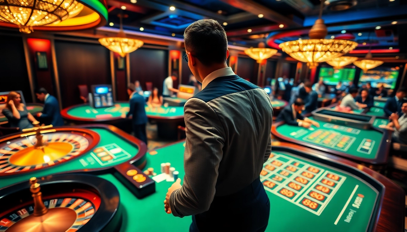 Joueurs profitant de l'expérience dynamique d'un casino en ligne avec des jeux de roulette et blackjack.