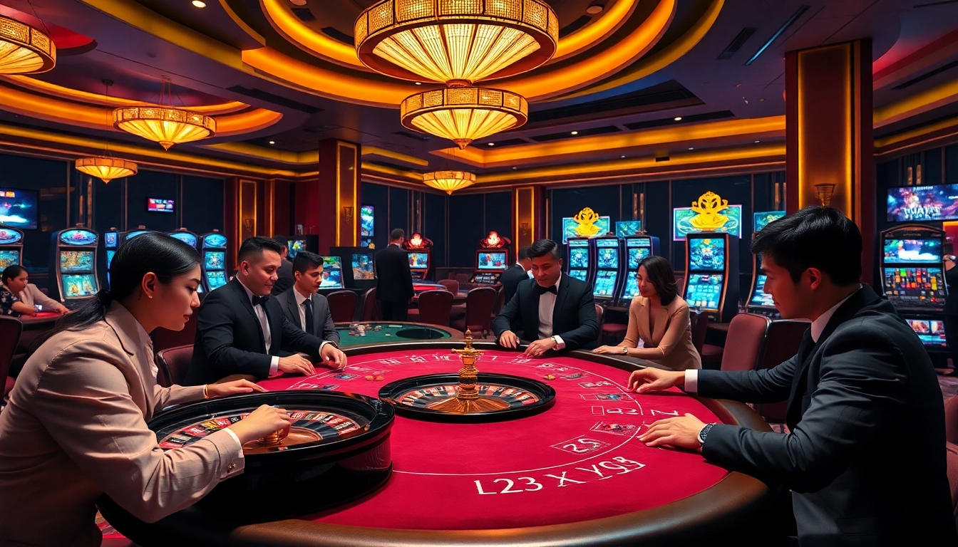 Immerse yourself in the thrilling gaming experience at Nhà cái X88 with vibrant casino tables and excited players.