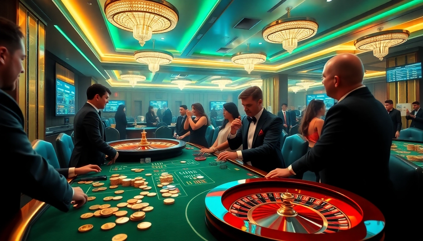 Exciting gaming action at Bitcoin casinos with poker tables and roulette wheels.