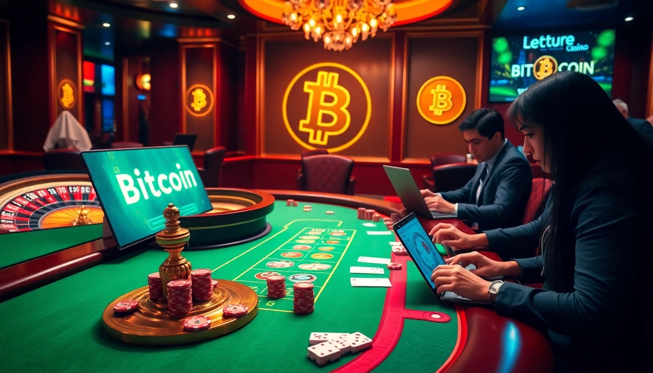 Experience the thrill of Bitcoin casinos with players engaging at luxurious gaming tables and screens.