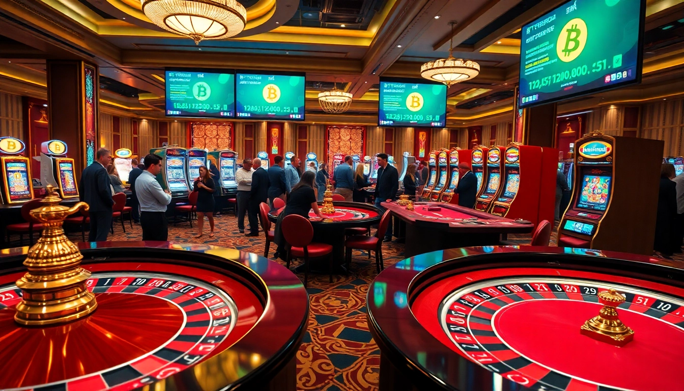 Exciting gameplay at Bitcoin casinos with vibrant roulette wheels and poker tables.