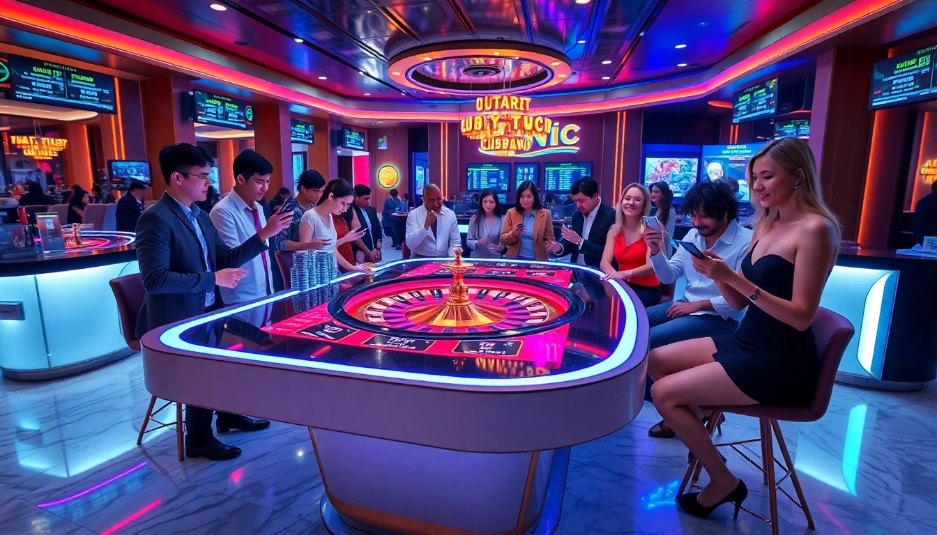 Excited players engaging at a luxurious crypto casino table with vibrant gaming elements.