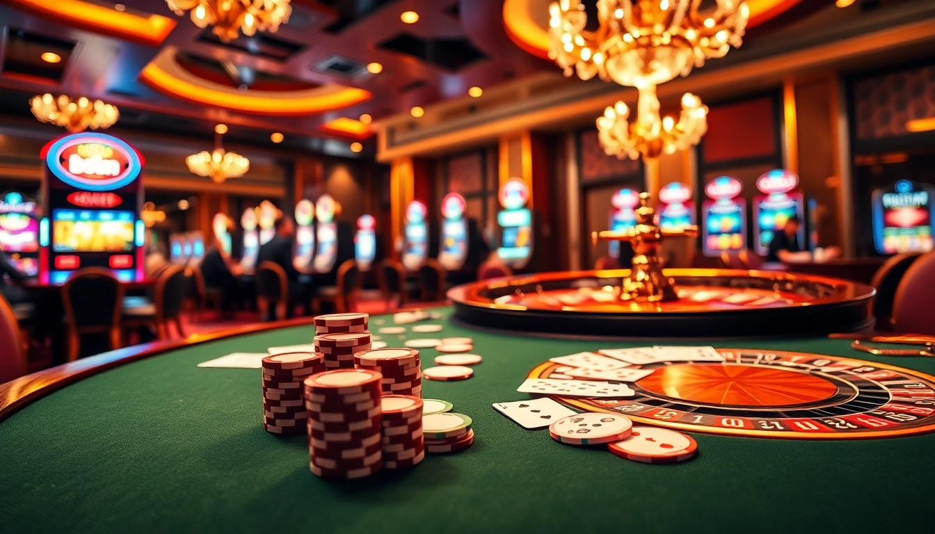 Engaging gamblers at a glamorous casino with Link New88 showcased amidst vibrant gaming elements.