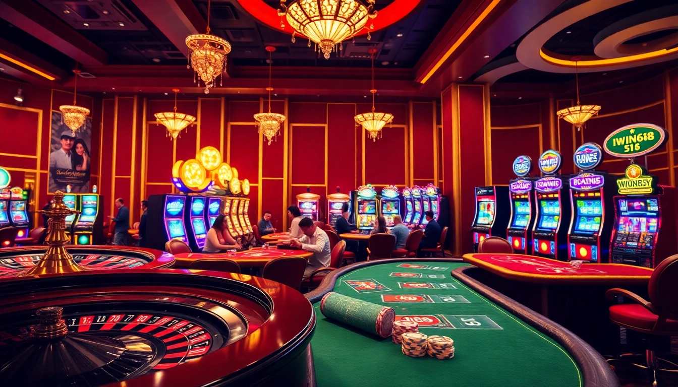 IWIN68 players celebrating a big win at an upscale casino, showcasing vibrant gaming elements.