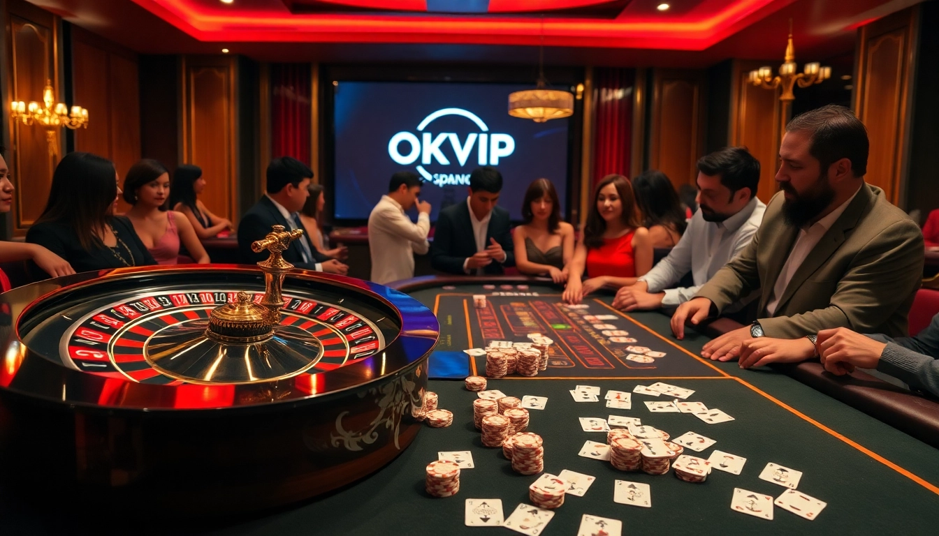 Players strategizing in a luxury casino setting, showcasing OKVIP excitement and professionalism.