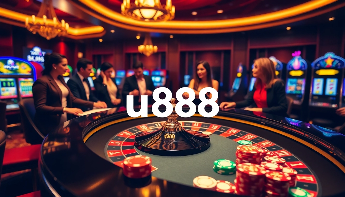 Players enjoy high-stakes gaming with u 888 poker chips and roulette wheels in a luxurious casino setting.